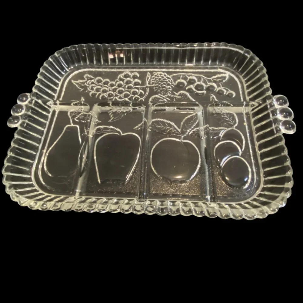 VINTAGE INDIANA GLASS -- Fruit & Relish Tray, 5 Sections, Fruit Design, Heirloom